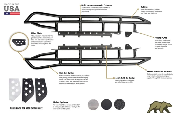 Cali Raised 2005-2023 TOYOTA TACOMA STEP EDITION ROCK SLIDERS/KICK OUT//POWDER COATED//DOUBLE CAB LONG BED - Preorder - Image 4